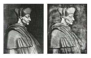  원본 판화와 조제프 니세포르 니에프스의 헬리오그래피 비교. 왼쪽: 1650년의 조르주 당부아즈 초상 판화, 오른쪽: 1826년의 판화 헬리오그래피(헬리오그래비어)