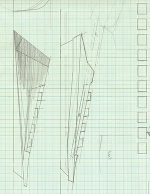 ZX 스펙트럼의 초기 컨셉 스케치로, 이전 모델인 ZX81과 유사한 각지고 쐐기 모양을 묘사하고 있다.
