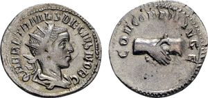 헤레니우스 에트루스쿠스의 동전. 비문: HER. ETR. MES. DECIVS NOB. C. / CONCORDIA AVG. F