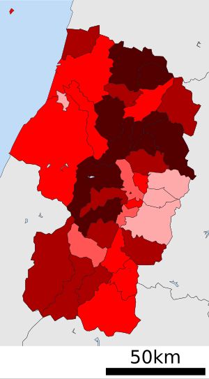 야마가타현 시정촌 인구 증감률 분포도 (2015년~2020년)