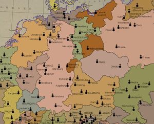 1500년 중앙 유럽의 대교구. 베스트팔렌 조약 이후에도 마인츠 대교구는 독일에서 가장 큰 규모를 유지하며 10개의 관할 교구를 관할했다.