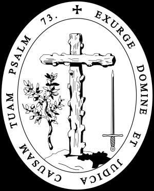 스페인 종교 재판소의 문장(1571). 올리브 가지는 은총을, 칼은 처벌을 상징한다. 라틴어 비문은 "일어나소서, 주여, 그리고 당신의 대의를 심판하소서"를 의미한다.