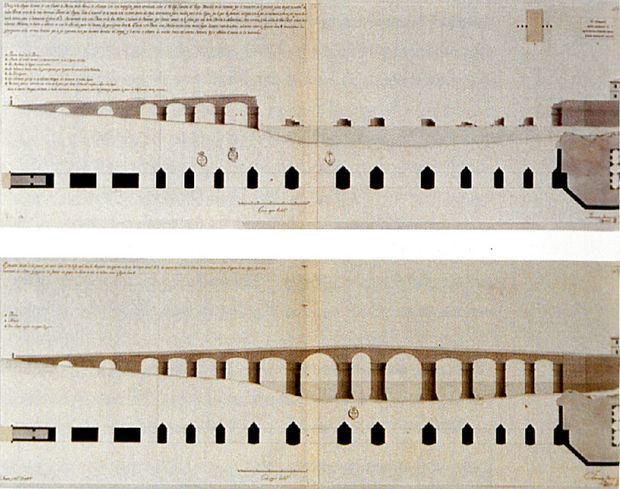 페르난도 로드리게스(Fernando Rodríguez)의 18세기 해발고도와 평면도 (상류에서 바라본 모습). 1797년 당시의 다리 위, 그의 원본 로마 구조물 재건 시도 아래.