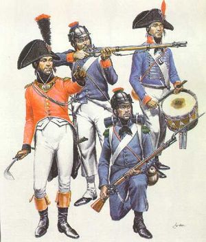 1798-1801년 이집트 원정의 프랑스 군인(왼쪽부터 시계 방향): 선형 보병 장교, 선형 보병, 선형 드럼 연주자, 경보병