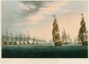 나일 해전, 1798년 8월 1일, 토머스 휘트컴, 1816년, 국립 해양 박물관. 영국 함대가 프랑스 함대를 향해 돌진한다.