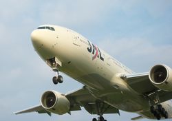 선리강 하라다 진입등교 부근에서 본, 착륙 직전의 보잉 777-200형 항공기