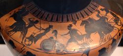 네오프톨레모스가 에우리필로스를 죽이는 장면, 아티케의 암포라. 기원전 510년 경, 마르틴 폰 바그너 박물관.