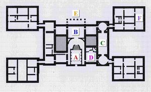 홀컴 홀 피아노 노빌레 평면도. 주요 구획 각 모서리의 대칭적인 날개 4개를 보여준다. "A" 대리석 홀, "B" 대강당, "C" 조각 갤러리, "D" 다이닝 룸, "E" 남쪽 포르티코, "F" 자급자족형 가족 동의 도서관.