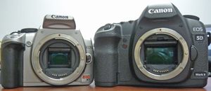 APS-C 형식 DSLR(왼쪽)과 풀프레임 DSLR(오른쪽)은 센서 크기의 차이를 보여준다.