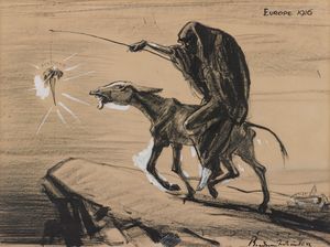 A cartoon named <i>Europe 1916</i> depicts Death riding a donkey toward the edge of a cliff. Death holds a long stick from which dangles a carrot just out of reach of the skinny donkey. The carrot is labeled "Victory".