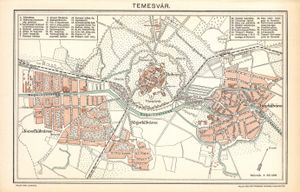 4개의 역사적인 구역, 즉 체타테('Belváros'), 파브릭(Gyárkülváros), 엘리사베틴 (Majorkülváros) 및 요세핀 (Józsefkülváros)이 표시된 19세기 말 티미쇼아라의 헝가리어 지도