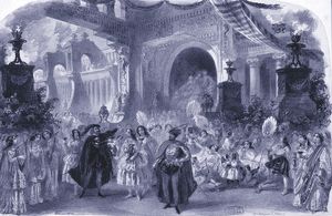 Engraving showing an elaborate stage scene with large crowd and grandiose buildings behind