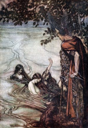 1912년 아서 래컴의 그림, 라인의 처녀들이 지크프리트에게 경고