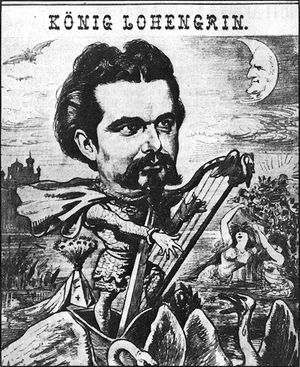 바이에른의 루트비히 2세가 로엔그린으로 묘사되어 있으며, 바그너의 얼굴이 달린 달 아래에 있다.