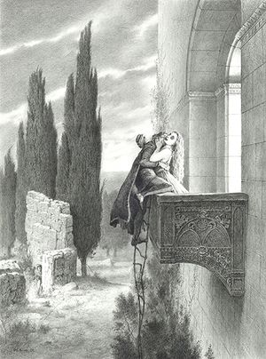 달린다(Dalinda)가 기네브라(Ginevra)로 변장하고 폴리네소(Polinesso)를 침실로 들이는 장면, 귀스타브 도레(Gustave Doré)의 판화