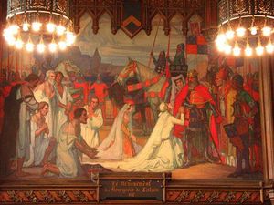 에노의 필리파가 에드워드 3세 국왕에게 순교할 6명의 자원자들의 목숨을 구걸하는 모습. 칼레 시청(Hôtel de Ville) 회의실에 있는 19세기 벽화