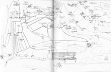 헨리 8세 시대의 칼레 요새. (상단: 남쪽, 하단: 북쪽): 요새 내 "칼레 시장"이 하단에 표시, 상단 "기엔 성", 왼쪽 하단 "그라블링", 오른쪽 하단 "상 가트"