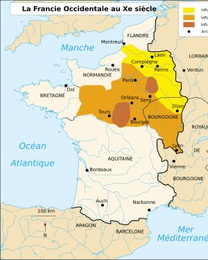 10세기 경 카롤링거 왕가의 지배력이 크게 위축되었다(노란색).