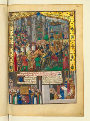 필리프(말을 탄 모습)가 아버지 루이 9세의 유해를 프랑스로 운구하는 장면. 15세기 후반 채색 필사본.
