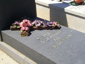 Per Scientiam ad Justitiam}} ( '과학을 통해 정의로')