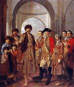 슈자-우드-다울라, 파이자바드의 3대 나와브로, 네 아들과 바커 장군 및 다른 군 장교들과 함께 묘사되어 있다.