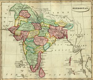 말와(인도 중부, 노란색), 1814년 Ostell's New General Atlas에 묘사됨