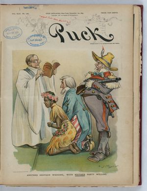 1897년 정치 만평은 하와이 합병을 양측 모두 원치 않는 강제 결혼으로 묘사하며 당시의 비판적 시각을 보여준다.