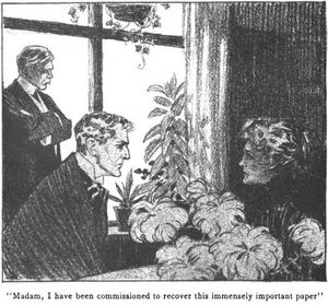 프레데릭 도르 스틸의 1905년 삽화: 홈즈가 레이디 힐다와 대면하고 있다.