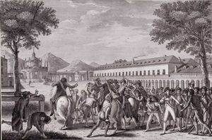 프란시스코 데 파울라 마르티와 사카리아스 곤잘레스 벨라스케스가 1814년에 그린 평화공의 몰락과 투옥 (아랑후에스 봉기)