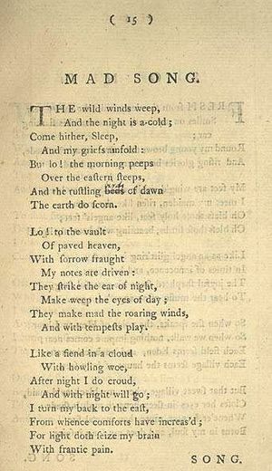 시적 스케치 1783년 초판의 페이지로 '미친 노래'가 표시되어 있다(7행의 손으로 쓴 수정 부분을 참고: "beds"가 "bryds"로 변경됨)