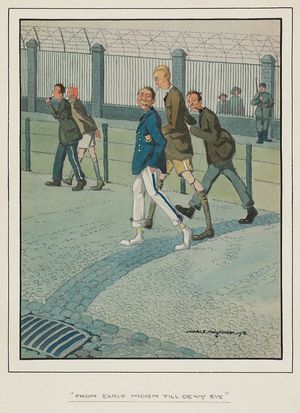 1918년 제임스 웨일이 그린 홀츠민덴 포로 수용소 수감자들의 수채화 풍자화 "이른 아침부터 이슬 맺힌 저녁까지"