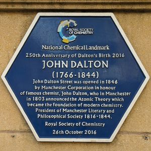 맨체스터 존 돌턴 가에 있는 블루 플라크. 영국 왕립 화학회에서 제작했다.