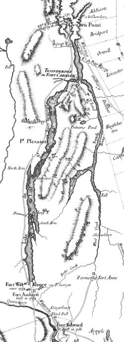 1777년 지도에 나타난 크라운 포인트와 포트 에드워드 사이 지역. 마운트 디피언스가 "슈거 부시(Sugar Bush)"로 표시되어 있다.