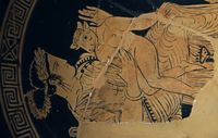 파시파에가 젖먹이 미노타우르스에게 젖을 먹이는 모습, 기원전 4세기의 에트루리아인 불치에서 발견된 적색상 킬릭스.