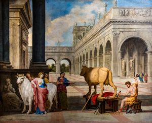 다이달로스가 파시파에가 크레타 황소와 교미하는 데 사용하는 나무 암소를 제작하는 모습(17세기)