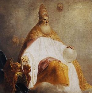 하느님 아버지가 그리스도에게 오른손 왕좌를 제공하는 모습, 피터 데 흐레버르, 1654년. 위트레흐트, 카타리네콘벤 박물관. 구, 즉 세계의 구는 삼위일체 묘사에서 거의 독점적으로 아버지와 연관된다.