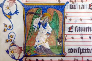 성 미카엘은 최후의 심판 동안 영혼의 무게를 잰다, Antiphonale Cisterciense (15세기), 오스트리아 라인 수도원 수도원 도서관