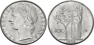 100&nbsp;리라 동전, 1956년, 뒷면에 올리브 나무와 긴 창을 든 여신 미네르바가 묘사되어 있다.