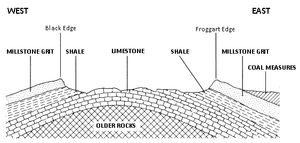 북부 더비셔의 단면도. 서쪽에서 동쪽으로, 동쪽의 젊은 석탄층 암석과 중앙에 노출된 오래된 석회암이 있는 침식된 돔 구조를 보여준다.