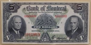 1942년 몬트리올 은행의 5달러 지폐. 이 해는 은행이 자체 지폐를 발행한 마지막 해였다.