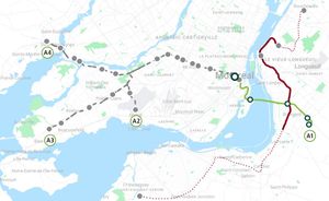 타슈로 REM이 추가된 레조 엑스프레스 메트로폴리탱의 계획 노선. 확정된 목적지(롱괴유 터미널, 파나마 역, CEGEP Edouard-Montpetit)는 실선으로, 잠재적인 목적지는 점선(샤토게, 부셰르빌)으로 표시.