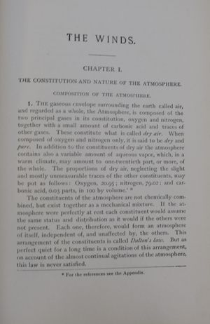 1904년 페렐의 저서 "바람에 관한 대중적 논문: 대기의 일반적인 움직임, 계절풍, 사이클론, 토네이도, 용오름, 우박 폭풍 등을 포함"]의 첫 페이지