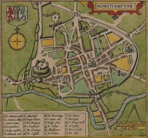 1610년경 존 스피드가 제작한 노샘프턴 지도. 성과 노샘프턴 성벽을 보여준다.