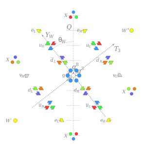 SU(5) 모형에서 입자의 약한 아이소토픽 스핀, 약한 하이퍼차지, 강한 전하 패턴 (예측된 약한 혼합각만큼 회전, 전하는 대략 수직 정렬). 표준 모형 입자 외에 양성자 붕괴를 담당하는 12개 색깔의 X 보존 포함.