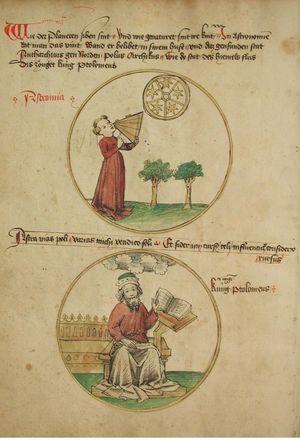 일곱 가지 자유 과 중 하나인 천문학. 15세기 필사본 삽화로, 프톨레마이오스가 그 보호자이다.