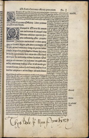 헨리 8세가 어릴 적에 소장했던 의무론 사본으로, 그의 손으로 "Thys boke is myne"라고 적혀 있으며, 폴저 셰익스피어 도서관 소장품이다.