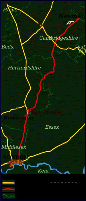 1683년 뉴마켓에서 런던까지의 노선, 라이 하우스를 지나감.