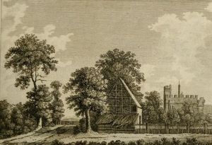 1777년 판화에 묘사된 라이 하우스. 도로 건너편의 문은 이 경로 사용에 대한 통행료를 나타낸다. 도로 오른쪽에 있는 넓은 부지에는 다양한 건물들이 있었다. 성벽이 있는 벽돌 문루는 15세기에 지어졌다.