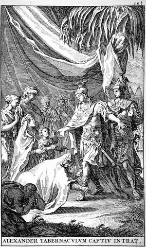 알렉산더와 헤파이스티온이 포로로 잡힌 다리우스 왕가 텐트에 들어가다. 1696년 쿠르티우스
