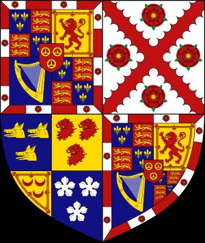 Quarterly: 1st and 4th grand quarters, the Royal Arms of Charles II (viz. quarterly: 1st and 4th, France and England quarterly; 2nd, Scotland; 3rd, Ireland); the whole within a bordure company argent charged with roses gules barbed and seeded proper and the last; overall an escutcheon gules charged with three buckles or (the Dukedom of Aubigny); 2nd grand quarter, argent a saltire engrailed gules between four roses of the second barbed and seeded proper (Lennox); 3rd grand quarter, quarterly, 1st, azure three boars' heads couped or (Gordon); 2nd, or three lions' heads erased gules (Badenoch); 3rd, or three crescents within a double tressure flory counter-flory gules (Seton); 4th, azure three cinquefoils argent (Fraser).